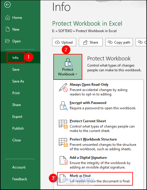 2- selecting mark as final option from protect workbook section