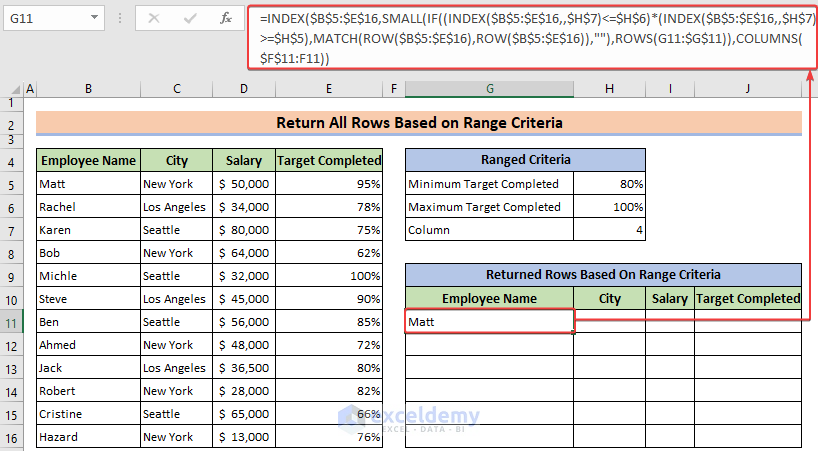 Array formula to return all rows that match criteria in Excel