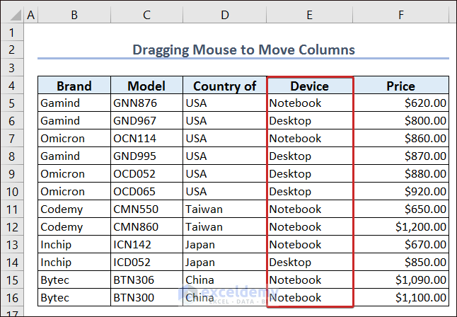 Output of Dragging to Move Column