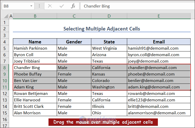 Selecting Multiple Adjacent Cells in Excel