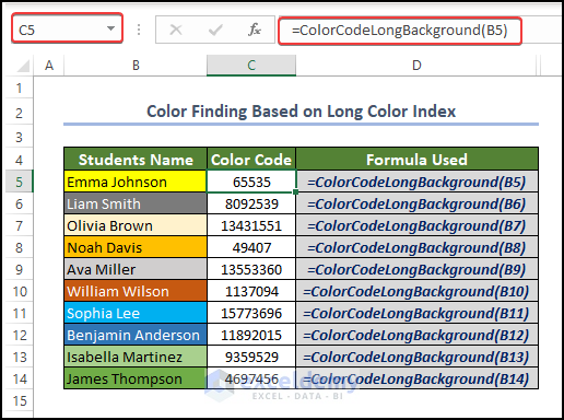 User defined function to get the color code index of the background of the cell in Long Format
