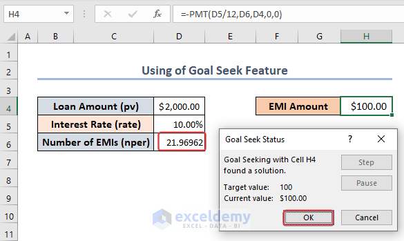 Final output on reverse EMI Calculator Excel