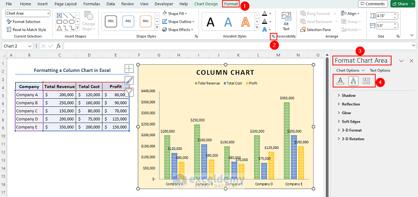 Format chart area sidebar on the worksheet