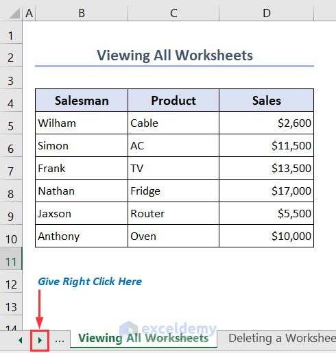Giving Right Click on arrow symbol of the Sheets tab to view all the worksheets' names together