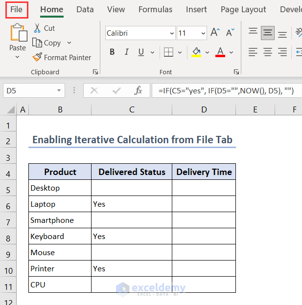 Going to File tab to enable Iterative Calculation option