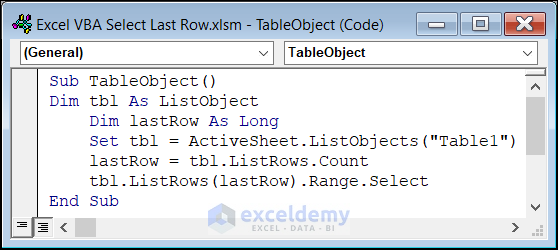 VBA Code to Select Last Row of a Table in Excel