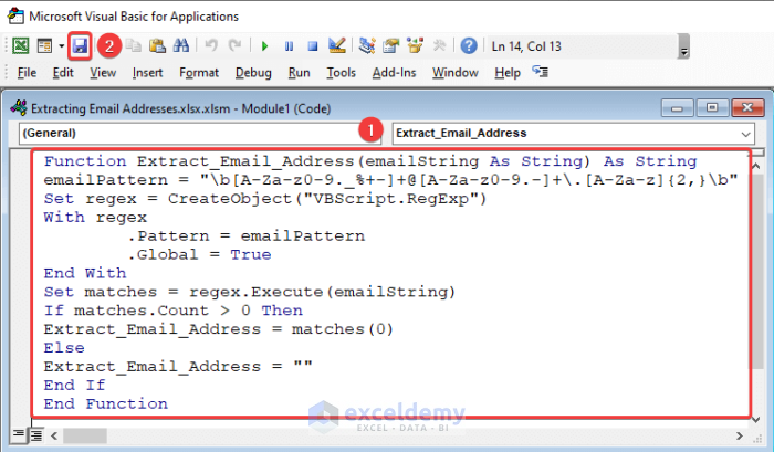 VBA code to extract email addresses using user defined function