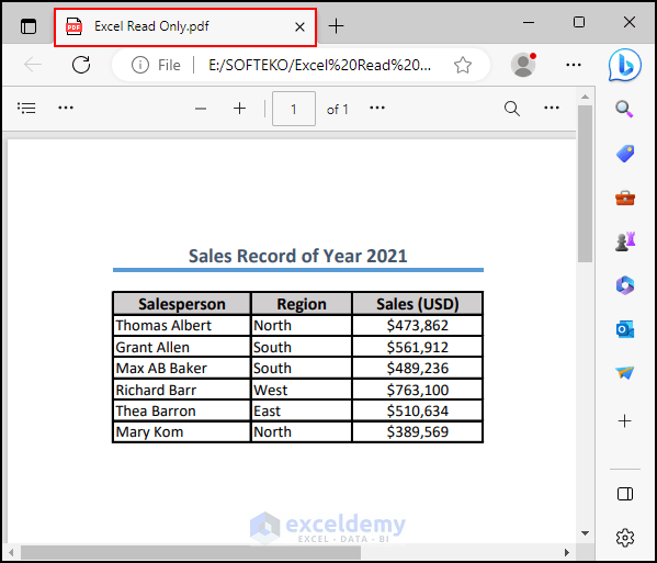 20- created new pdf file to make an Excel file read-only
