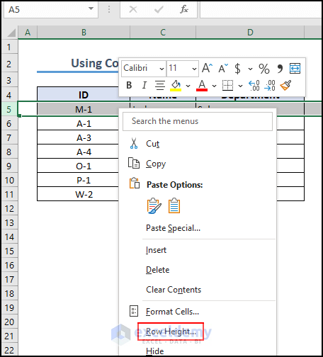 20- selecting row height option from context menu to set cell size
