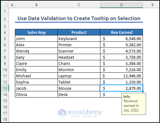 using data validation to create tooltip on the selection