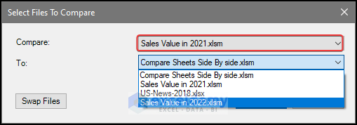 Choose which files to compare to in the inquiry menu