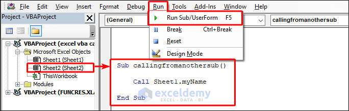 Code in Sheet2 to call sub from another worksheet
