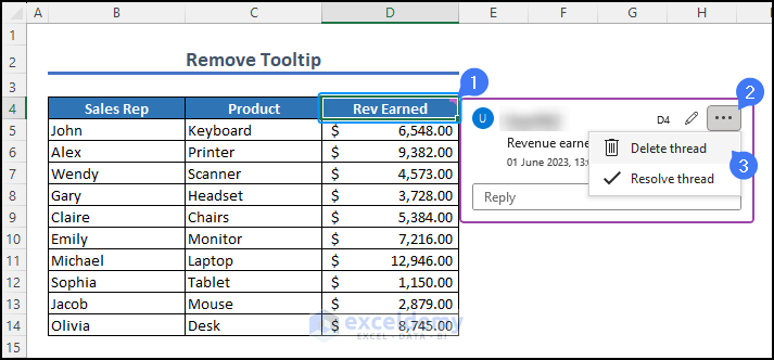deleting comment as removing tooltip in Excel