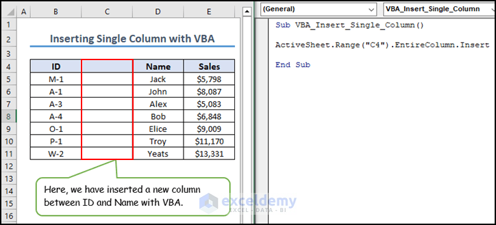 21-final output image of VBA code to insert a single column in Excel