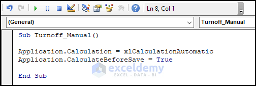 Vba code to turn off manual calculation in excel