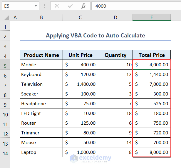 Apply VBA Code to Auto Calculate