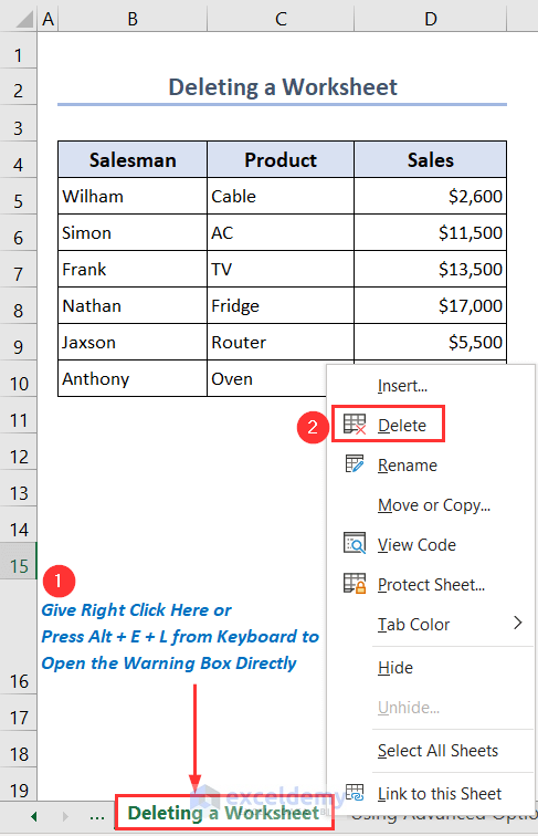 Choosing Delete option from Sheets tab