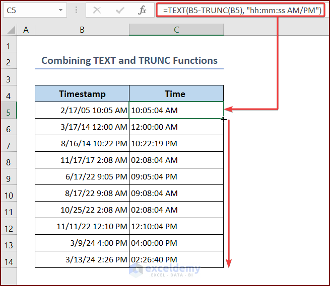 Combining Excel TEXT and TRUNC Functions to Convert UTC Timestamp to Time