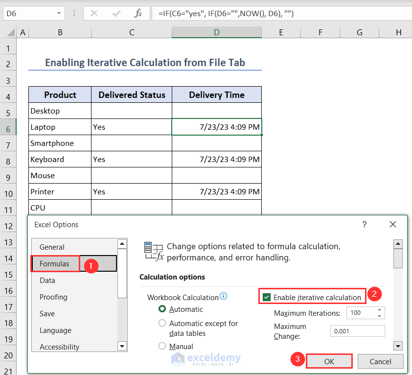 Enabling Iterative Calculation option from Formulas tab in Excel Options window