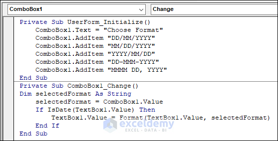 Excel VBA code to change date format in TextBox