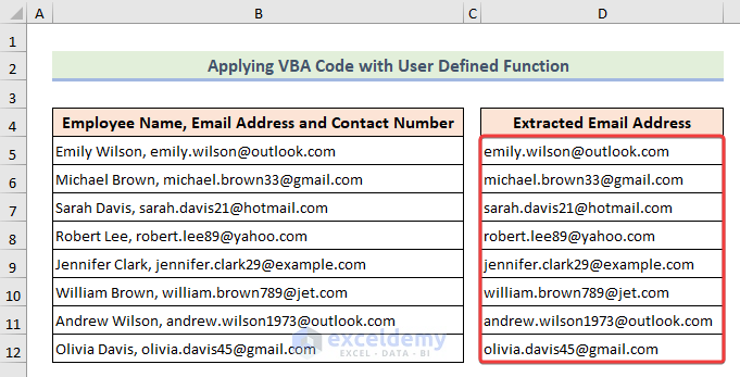 Final output with extracting email addresses applying VBA code