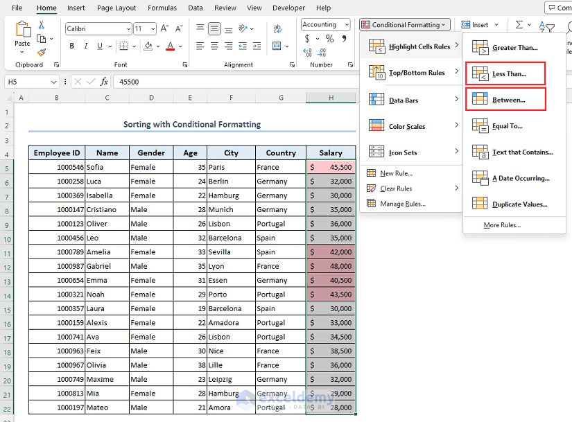 Using less than and between options from conditional formatting feature