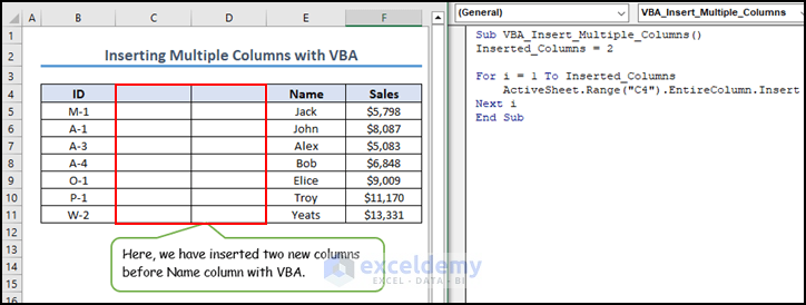 22-final output image of VBA code to insert multiple columns in Excel