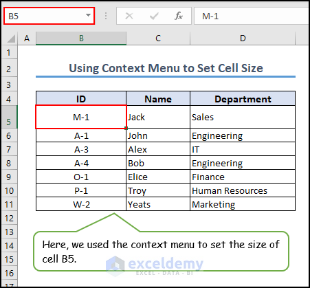 22- used context menu to set the cell size in Excel