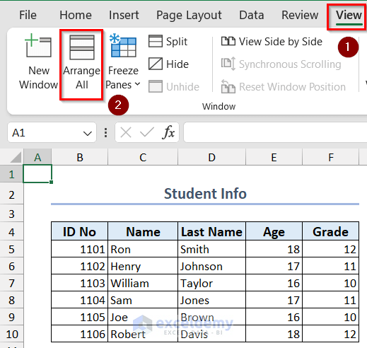 Arranging Excel Windows Using Arrange All Button