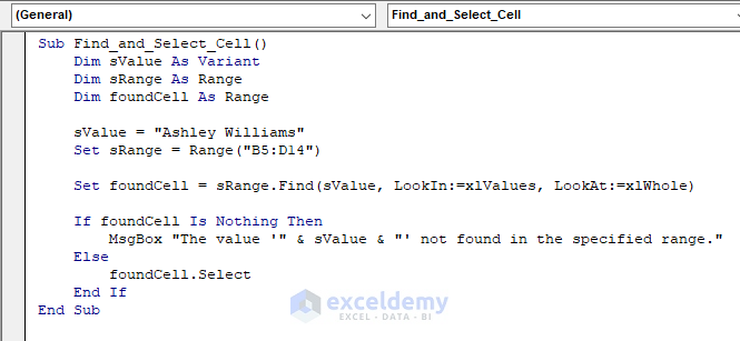 insert code to find specific value within range