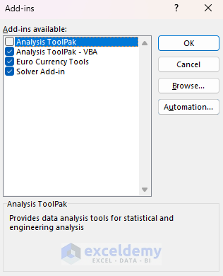 Disabling Analysis Toolpak add-in to see whether the refresh all is working or not