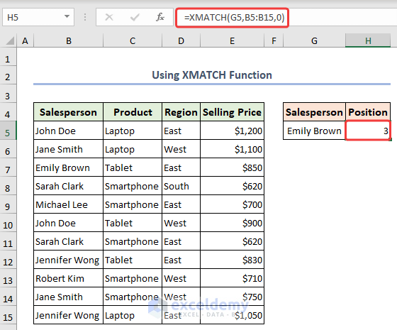 Formula of XMATCH function to get the position of the cell