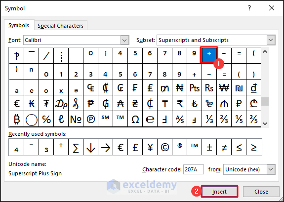 Inserting Superscript from Symbols group