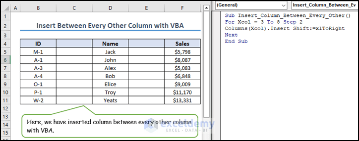23-final output image of VBA code to insert between every other column in Excel