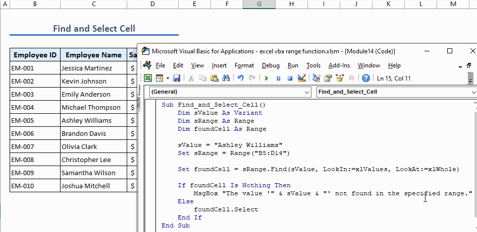 run code to find value and select cell