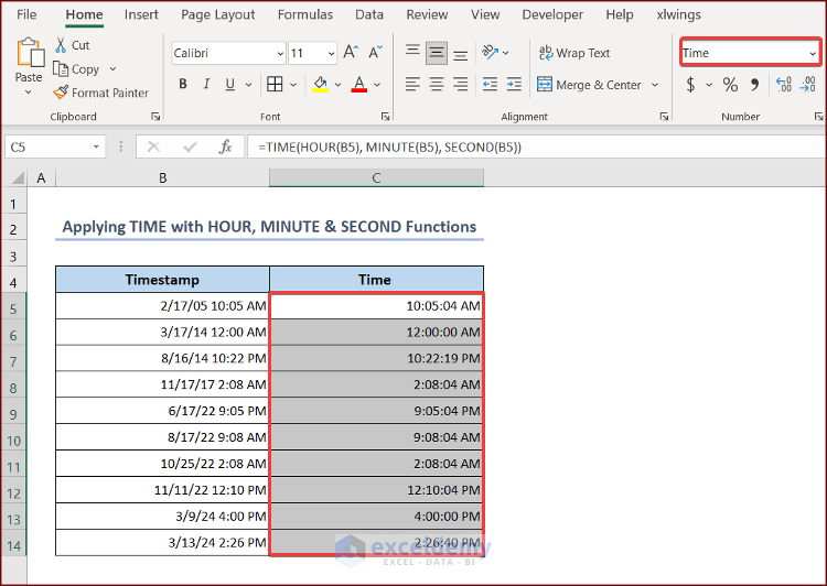 Applying TIME with HOUR, MINUTE and SECOND Functions to Convert UTC Timestamp to Time