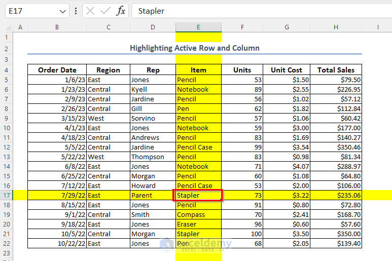 Highlight Active Row and Column in Excel