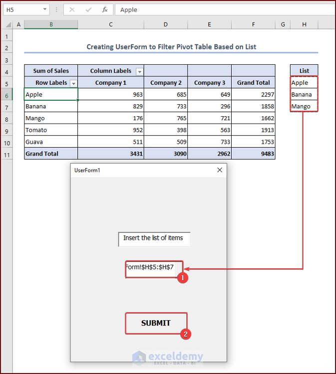 Inserting the List into the UserForm to Filter Pivot Table
