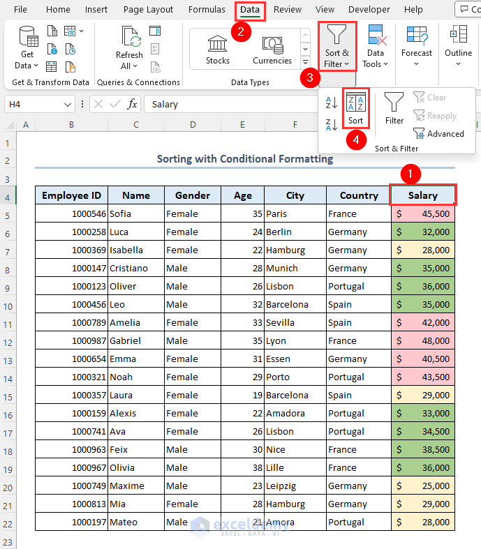 Using sort feature to organize data in Excel