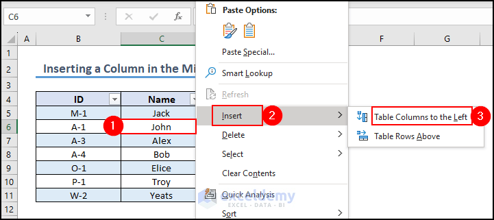 24- selecting Table Columns to the Left option to insert a column in the middle of an Excel table