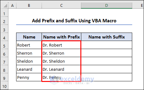 Added prefixes using VBA macro