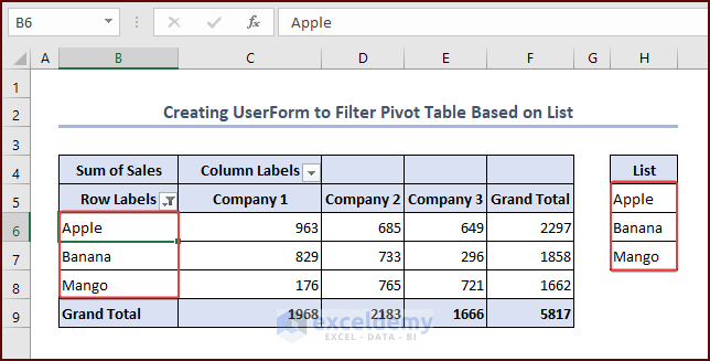 Creating a UserForm to Filter Pivot Table Based on List