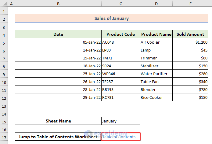 Result with linked table of the content sheet in one single sheet