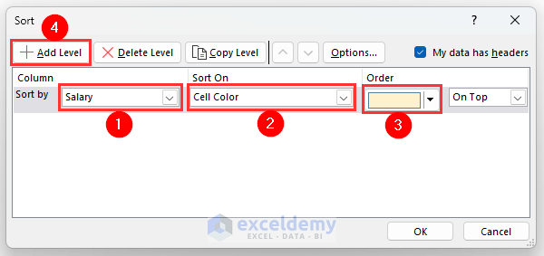 Selecting salary, cell color, light yellow color then adding level