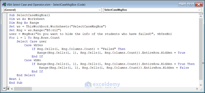 VBA Code to Use Select Case in MsgBox