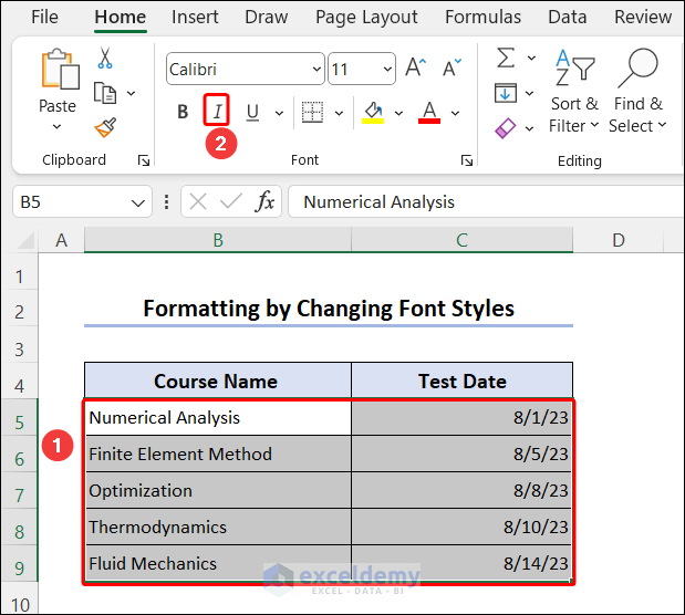 changing font style using from font group in the home tab