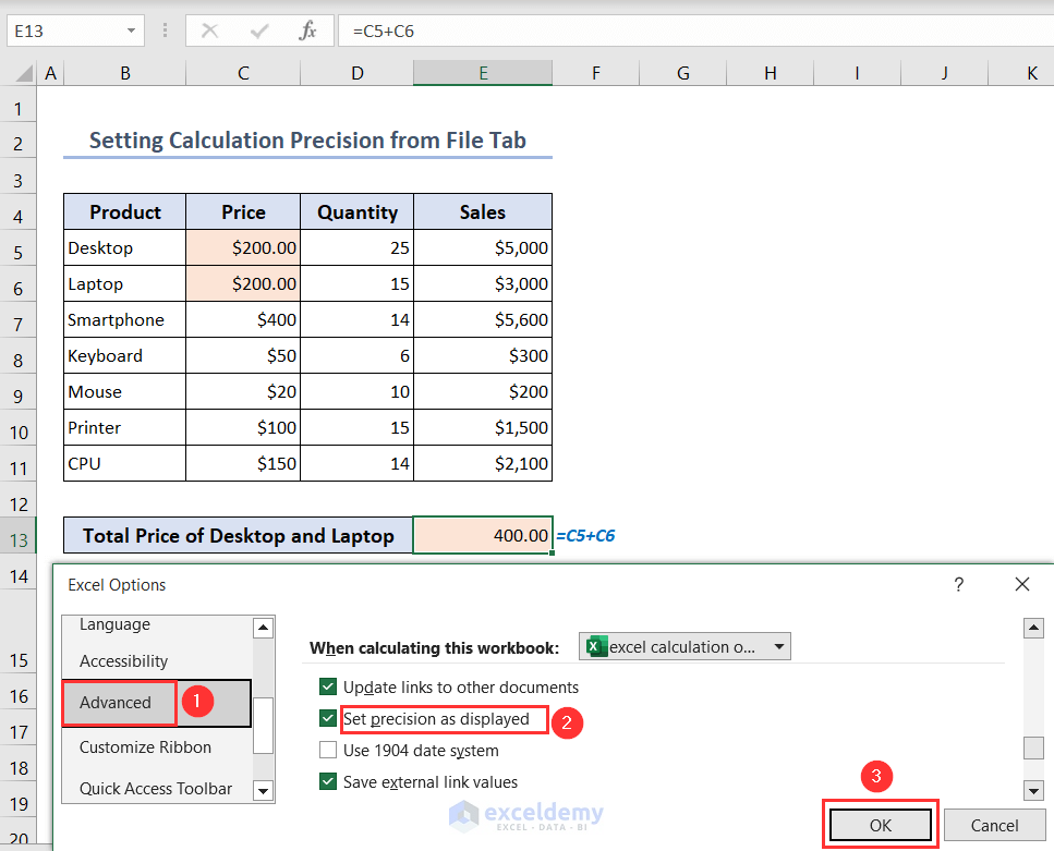 Choosing Set precision as displayed option from Advanced tab in Excel Options window