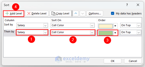Selecting salary, cell color, green color then adding another level