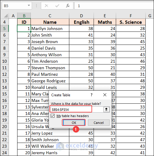 creating table in excel