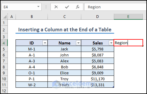 26- type the column header name to insert column at the end of the Excel table
